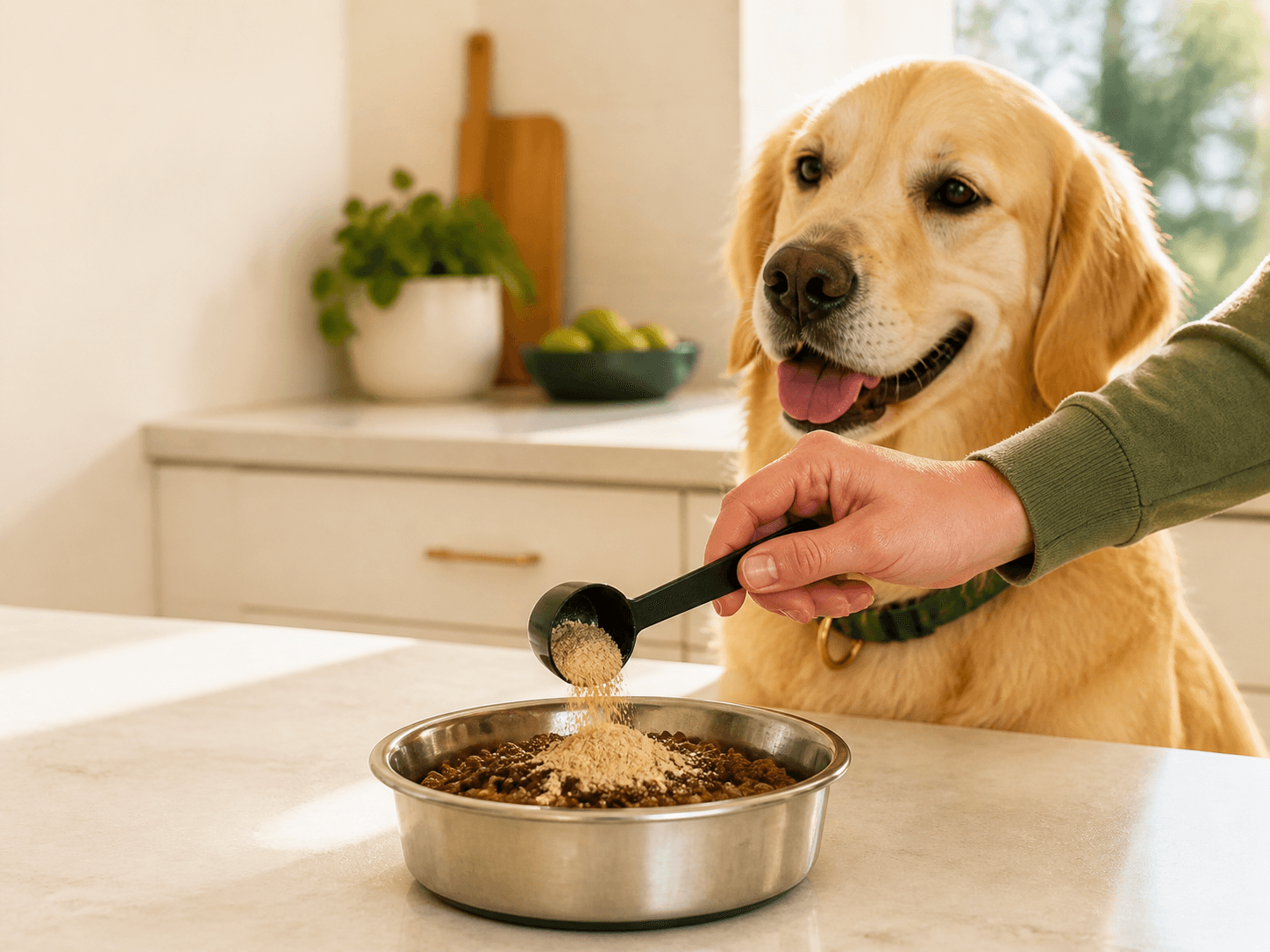 Mushroom powder being added to a dog's daily meal