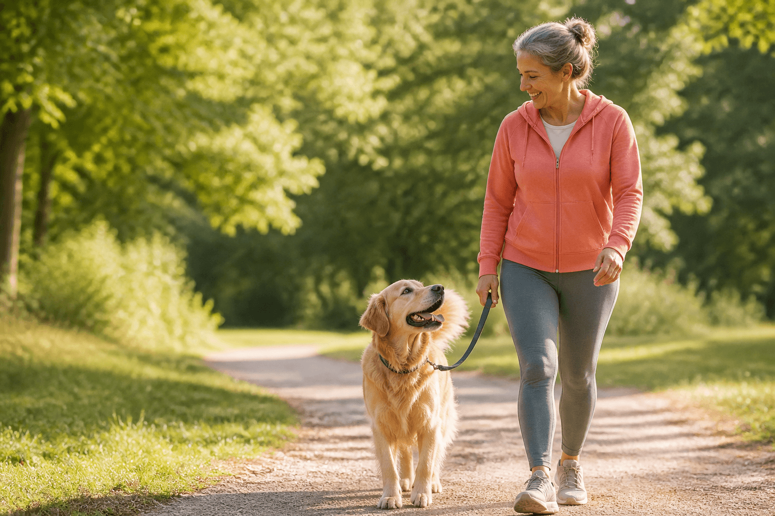 A woman and her mature golden retriever walking together in a sunny park