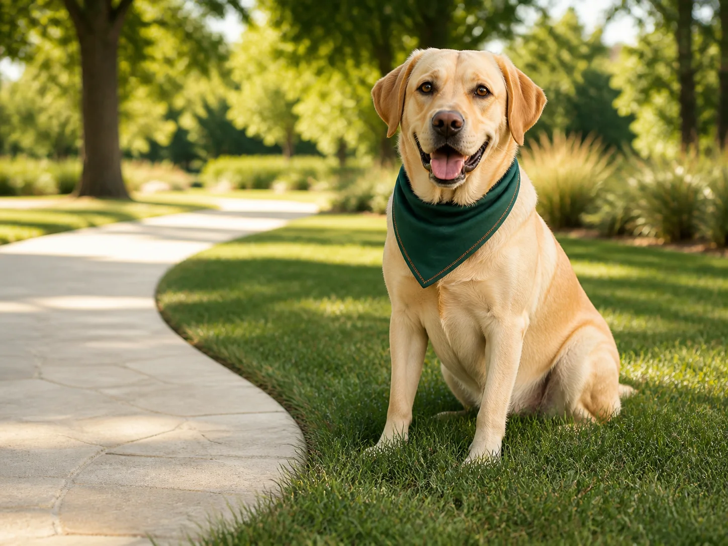 A joyful yellow Labrador wearing a green bandana in a sunny park